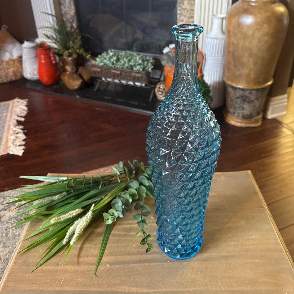 Vintage Mid-Century Empoli Italian Blue Glass Diamond Point Bottle Vase 16"